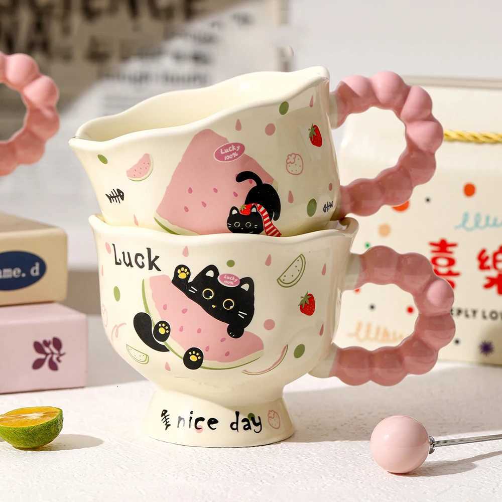 Cute Cat Watermelon Ceramic g Kawaii Bubble Handle Coffee Milk Cups for Afternoon Tea Daily Use gs Birthday Gift H251209
