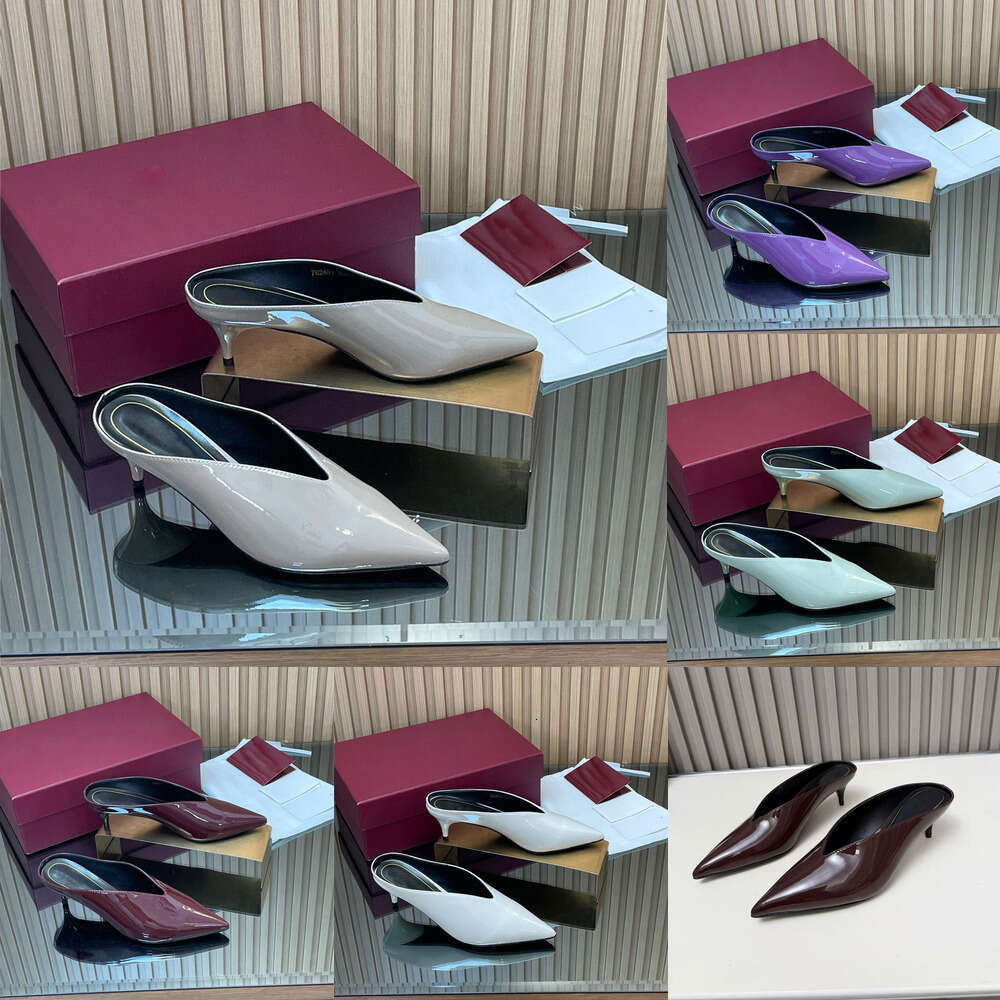 designer shoe woman clog heels Office party shoes Luxury Pointed-toe Low-heeled slippers slides Simple Minimalism Patent leather mules kitten sandals top quality
