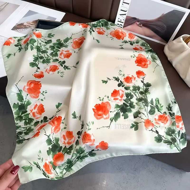 Luxury 68cm Purple Rose Printed Scarf Women New Spring Summer Imitation Silk Scarf High-end Versatile Shawl Sun Protection Headscarf Y251208