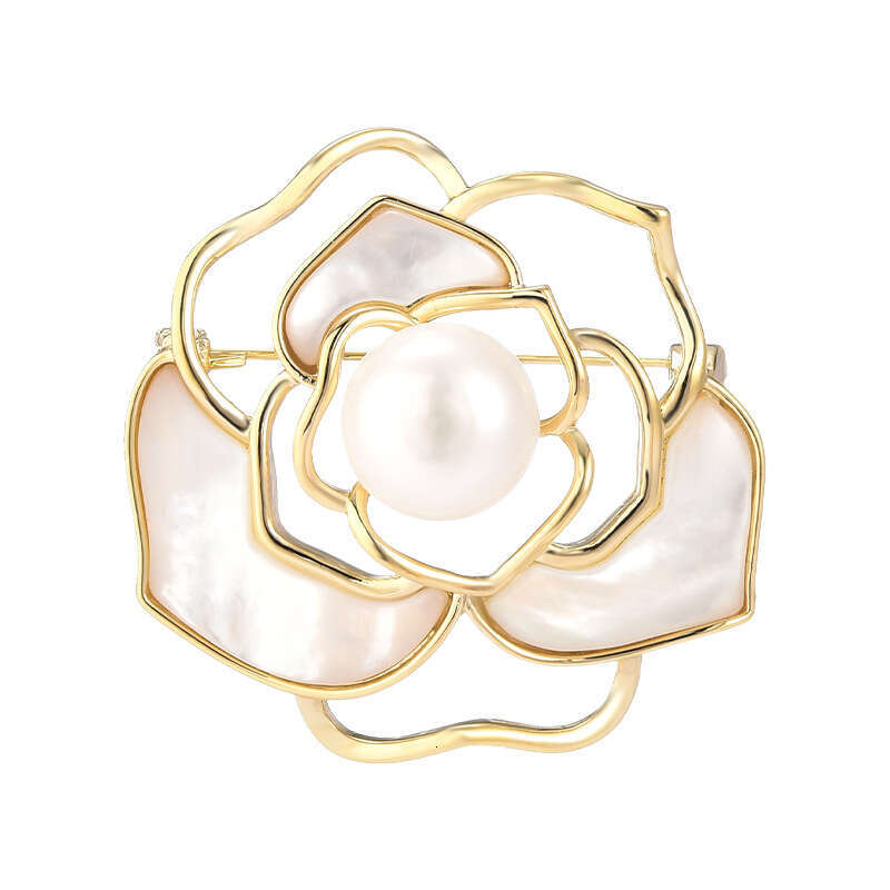 New Natural Shell Camellia Freshwater Pearl Hollow Flower Brooch Fashion Clothing Accessory Pin