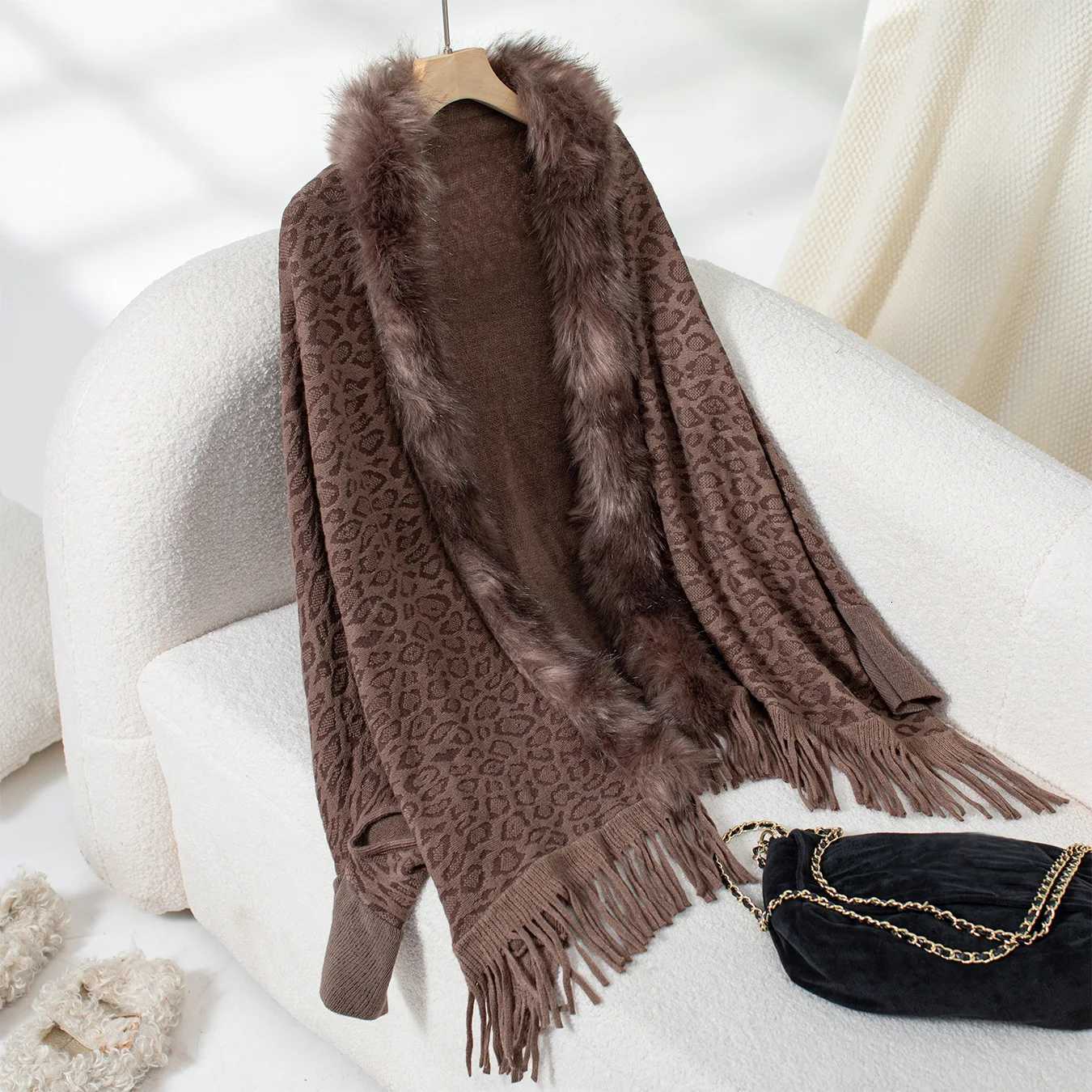 Luxury Faux Fur Leopard Print Ponchos Coat Imitation Cashmere Women Winter Warm Shawls Wraps Pashmina Thick Sleeves Capes Blanket Scarf Y251208