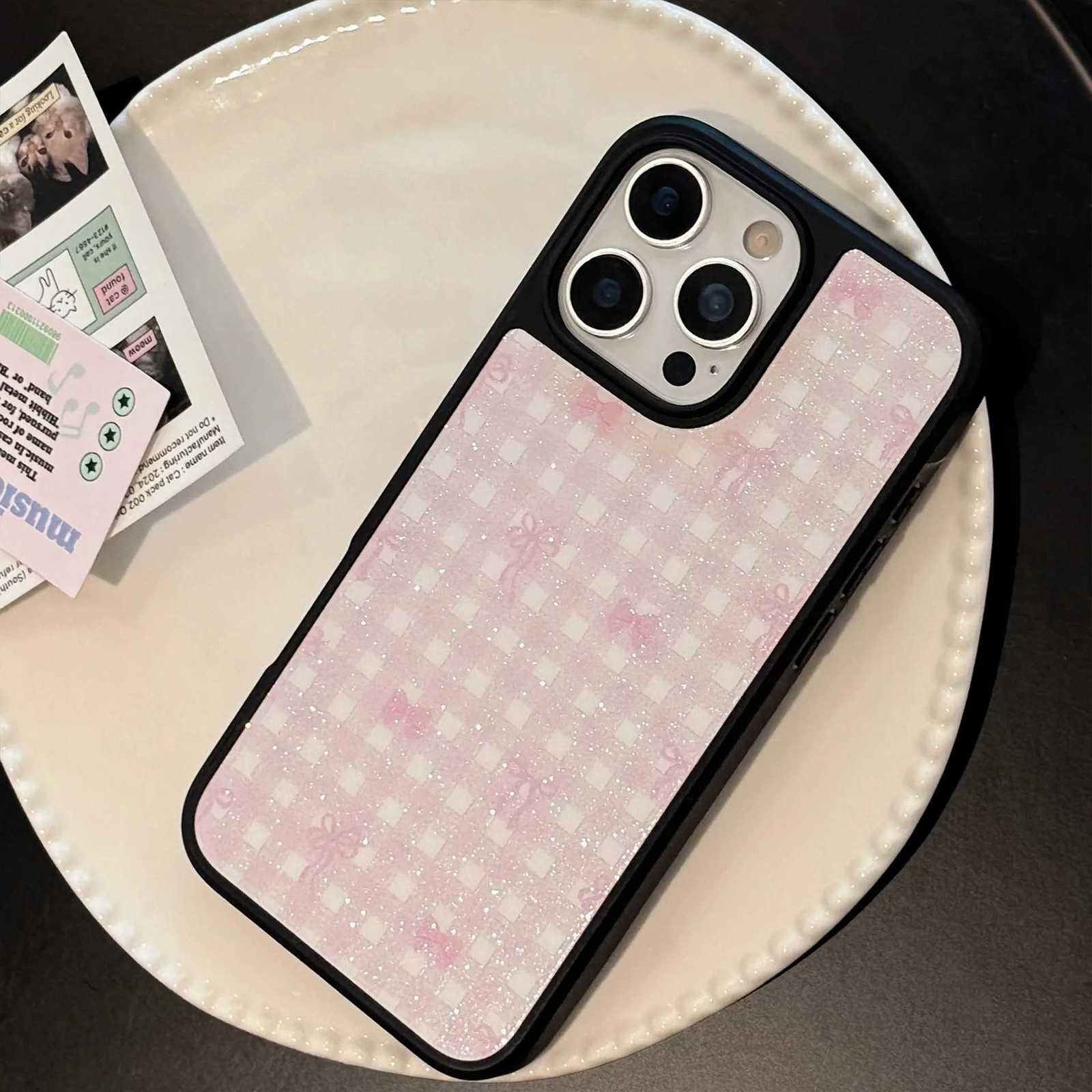 Sweet Glitter Grid Pattern Bowknot Shockproof Protective Phone Cover Case for iPhone 17 16 15 14 13 12 Pro Max Plus C251209