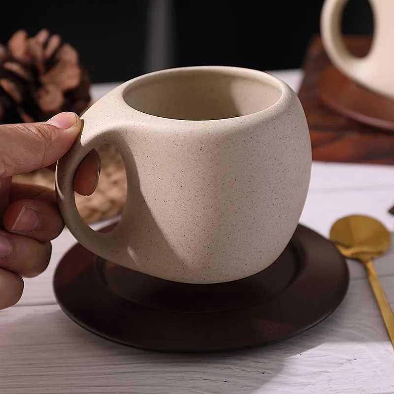 Ceramic coffee cup and saucer set retro latte coffee cup wooden coasters tea cups spoon flower cups H251209