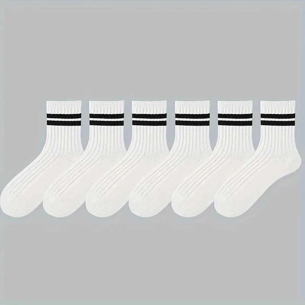 6 Pairs Mens Socks Spring Autumn Simple Casual Black White Striped Socks Breathable Round Neck Socks High-quality Mid Tube SockT251209