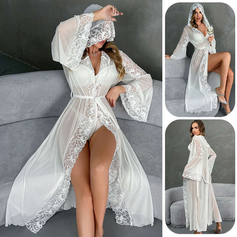 designer New Sexy Hooded Bathrobe Lingerie Lace Trim Robe Belt Homewear pajamas nightgowns women