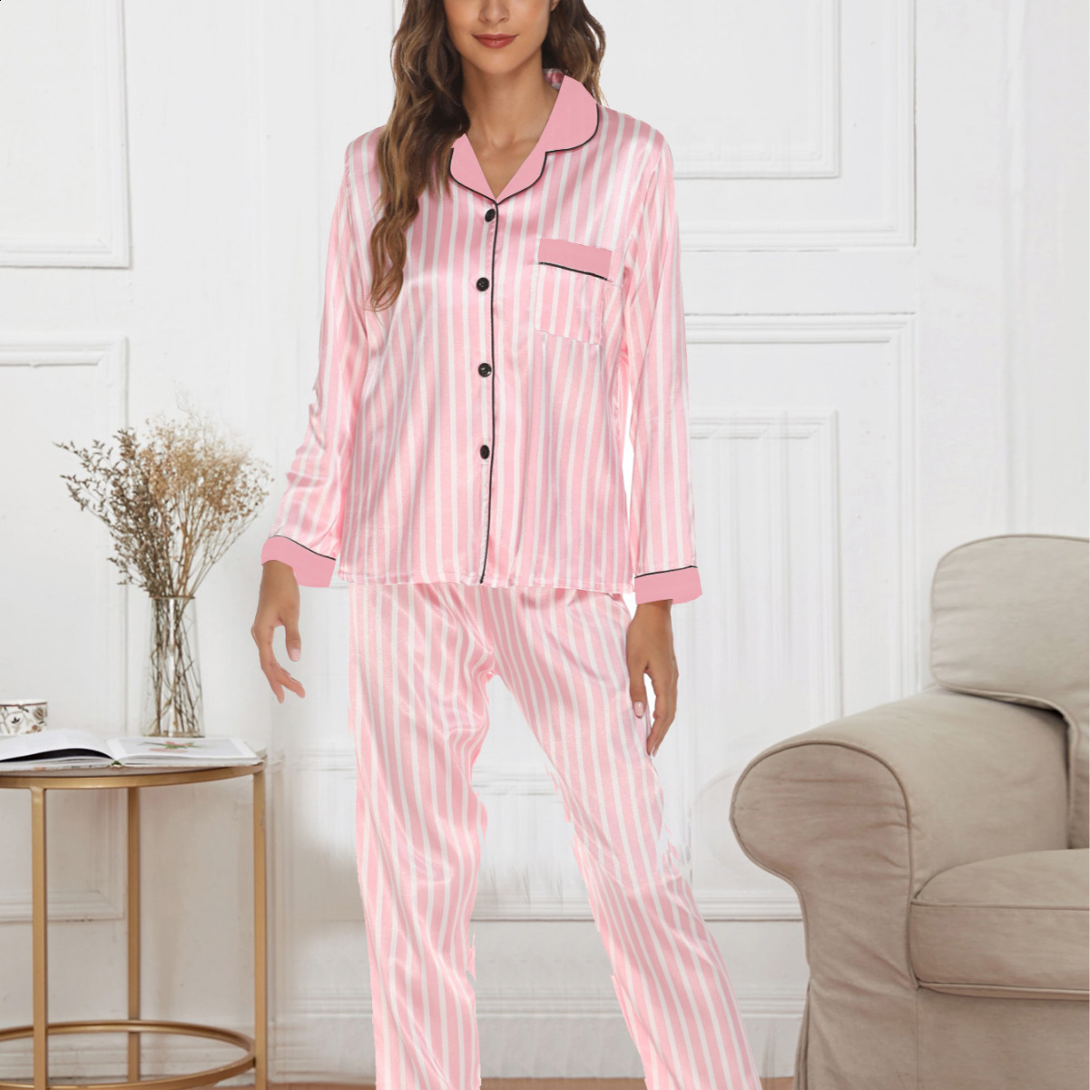 Satin Pajamas for Women Long Sleeved Striped Pjamas Sleepwear 2 Pieces Set Lounge Wear Home Clothes Year Birthday Gift 211007