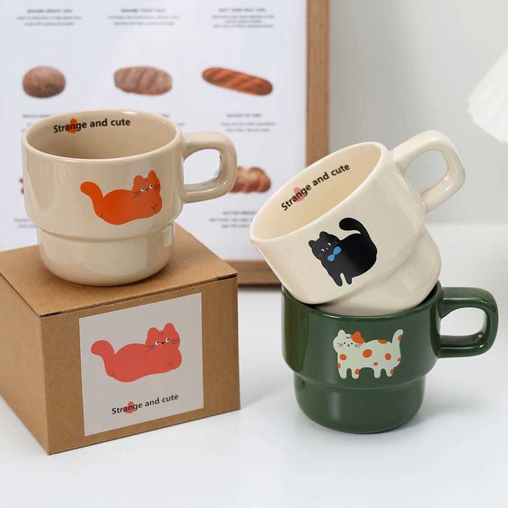 Ceramic Cat Printed Coffee g Funny Cute Stackable Cat gs with Handle Drinkware Breakfast Milk Tea Cup For Kitchen He Party H251209