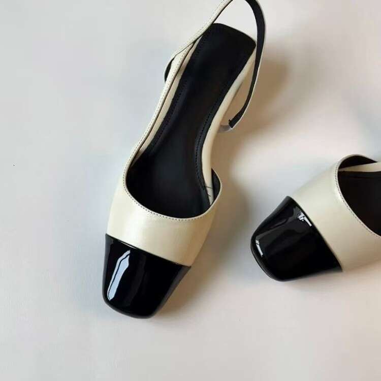 Black square toe flats sling back Sandals with One Strap Chunky Heels Elegant Handmade Designer Shoe Women's Shoes
