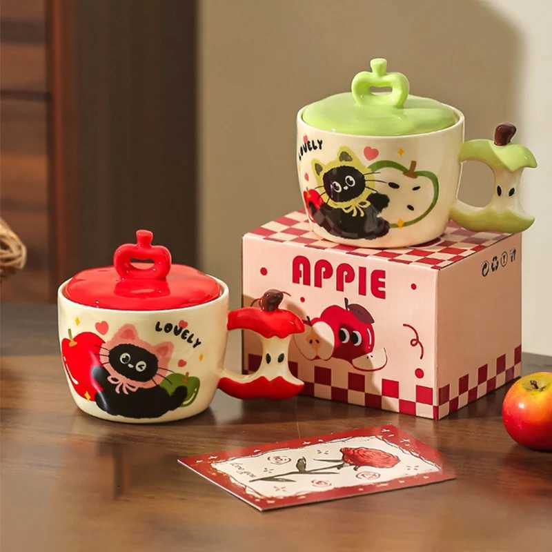 3D Apple g Creative Cat Ceramic Drinking Water Cup with Lid High-value Household Breakfast Cups Christmas Gift Drinkware H251209