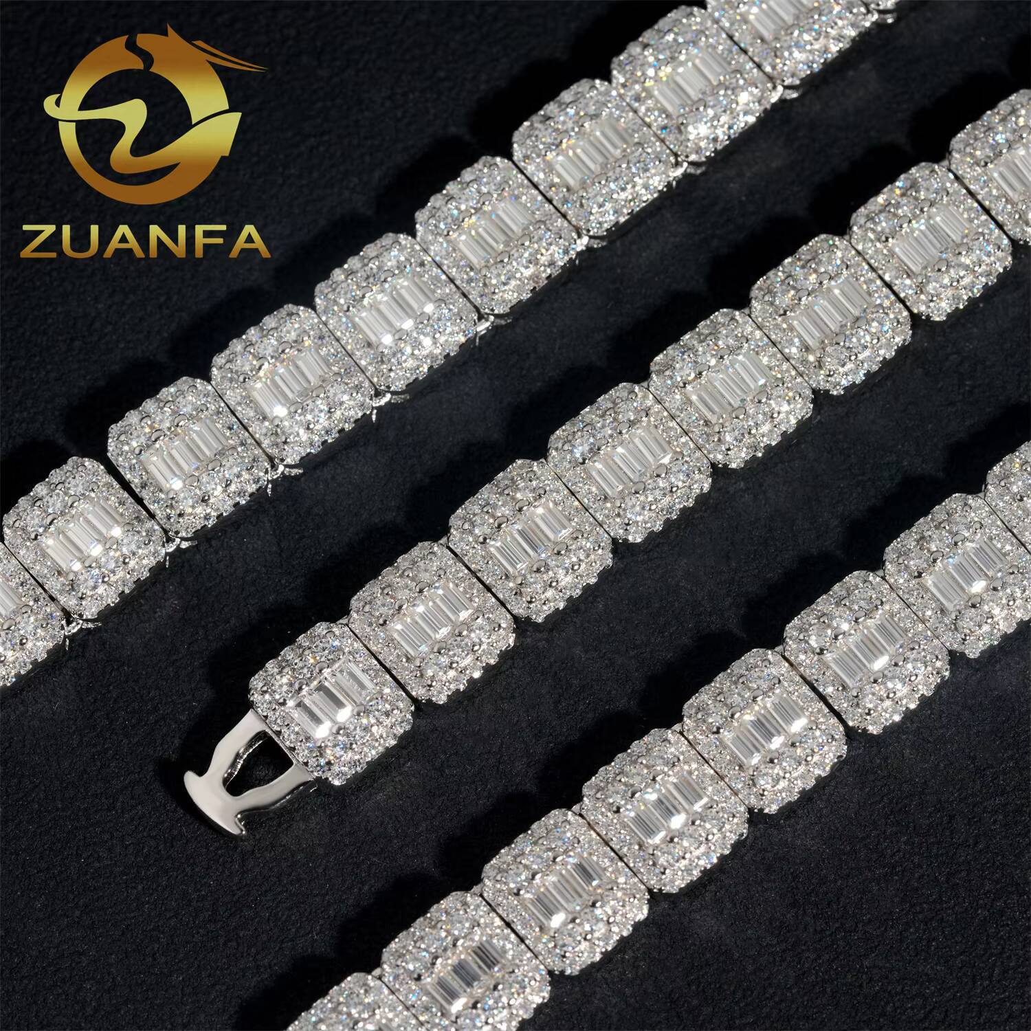 Iced Cuban Link Chain Moissanite 9mm Baguette Cut Unisex Cuban Link Hip Hop Jewelry 925 Silver Diamond Chain