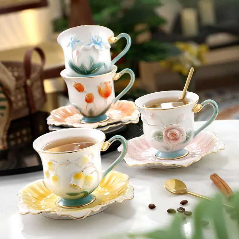 Creative Ceramic Coffee Cup Saucer Embossed Floral g He Breakfast Milk Oatmeal g Afternoon lia Flower Tea Cup Gifts H251209