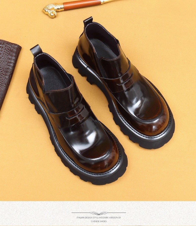 Men's High-Top Leather Boots Bright Leather Surface Large Size round Toe Handmade Stitching British Fashion Quality