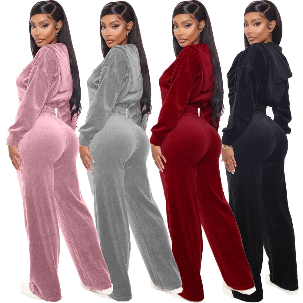 2025 Autumn Winter Womens Korean Velvet Zipper Jacket Straight Pants Set