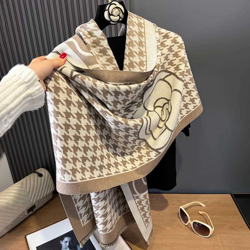 Luxury 2024 Fashion Houndstooth Rose Print Cashmere Women Two-sided Scarf Winter Warm Shawl and Wrap Bandana Pashmina Thick Blanket Y251208
