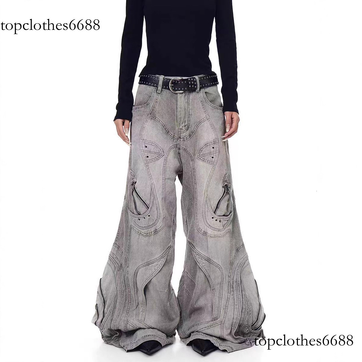 Designer jeans American High Street Design Irregular Cargo Pants for Women, Punk Style Heavy Stitching Scimitar Pants, Autumn 2025