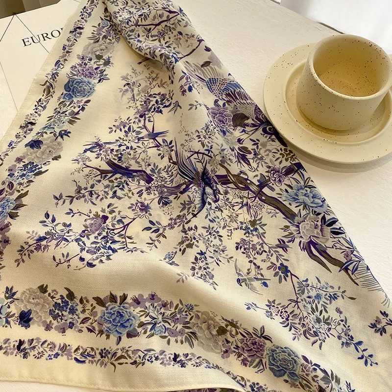 Luxury 70x70cm Simple Elegance Floral Bird Print Silk Scarf Lyric Velvet Korean Style Countryside Flower Warm Sunscreen Large Shawl Y251208