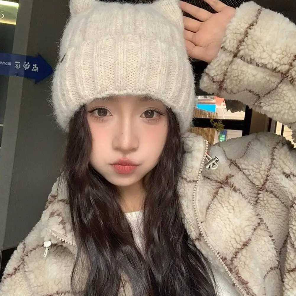 Luxury Cute Cat Ear Wool Hat for Kids Japanese Style Thickened Fleece Winter Hat with Ear Protection Warm Knitted Beanie Y251209