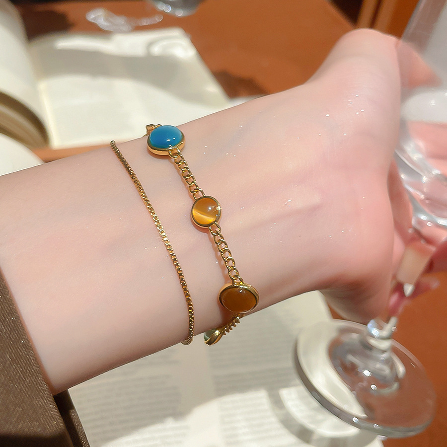 18K Real Gold Plated Cat's Eye Stone Round Double Layer Vintage Palace Style Bracelet Light Luxury High-end Feel Jewelry for Women - view 4