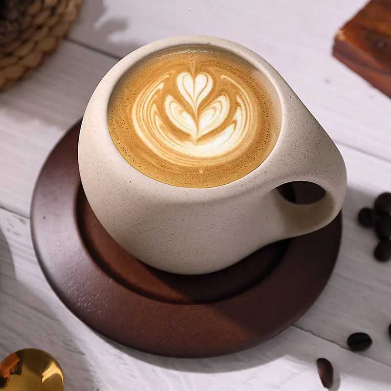 Ceramic coffee cup and saucer set retro latte coffee cup wooden coasters tea cups spoon flower cups H251209