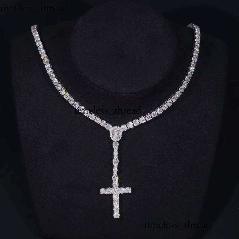 New Hot Sale Iced Out 5mm Wide 925 Sterling Silver VVS Silicon Stone Rosary Cross Tennis Chain Necklace