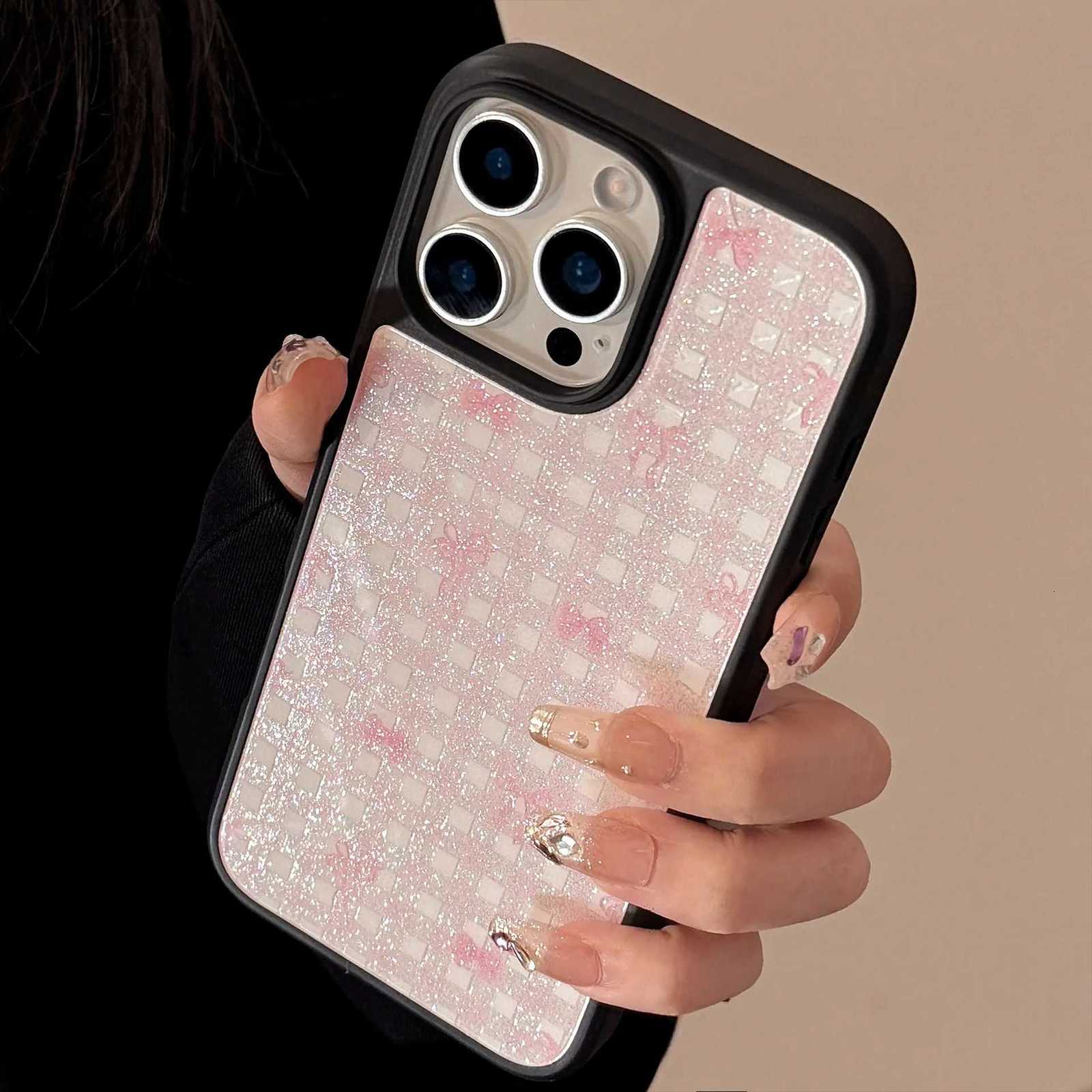 Glitter Checkered Bow Mobile Phone Case For iPhone15/16pro max Anti-drop Phone Case For iPhone 14pro max C251209
