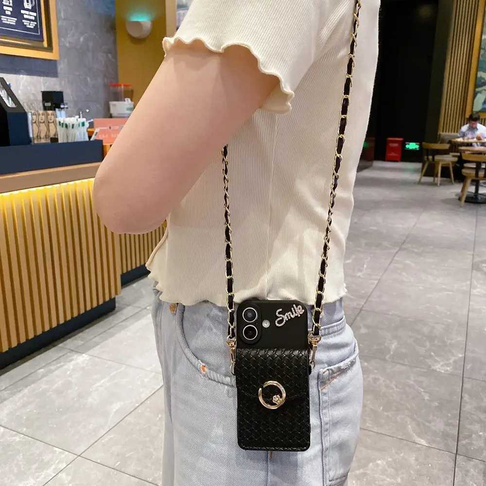 Luxury Woven Pattern Wallet Card Holder Phone Case for iPhone 16 11 12 13 14 15 Pro Max Card Bag Crossbody Strap Lanyard Cover C251209