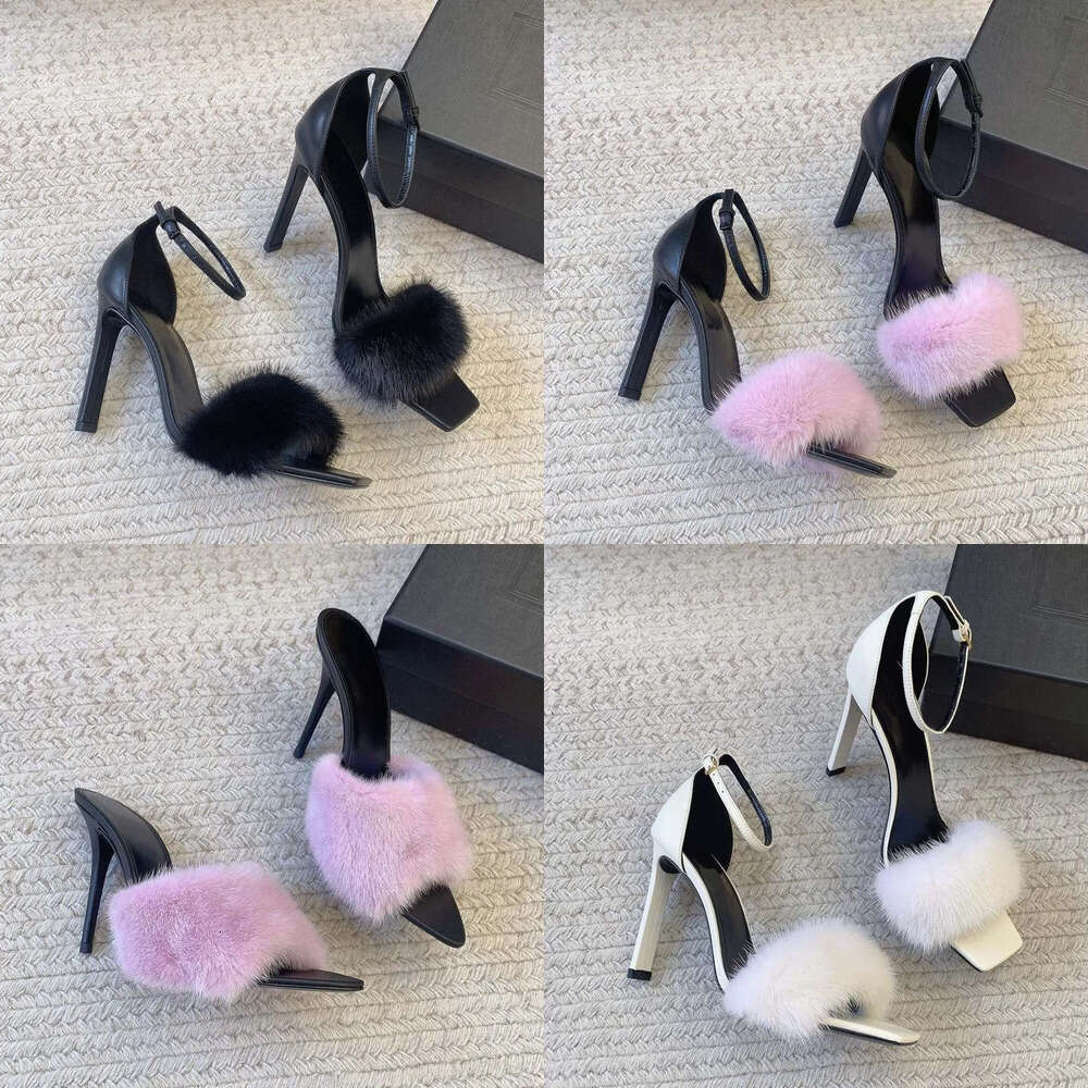 Mule slippers Ankle Strap Bridal Wedding Dress Shoes women's designer Fashion high heeled lady sexy Evening Party shoes luxury mink fur stiletto sandals 10.5cm heel