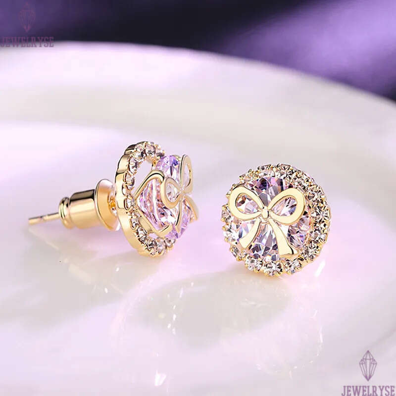 S925 silver needle lovely bowknot designer earrings stud for women 18k gold round cz zircon shine crystal cute bow knot earring ear rings jewelry
