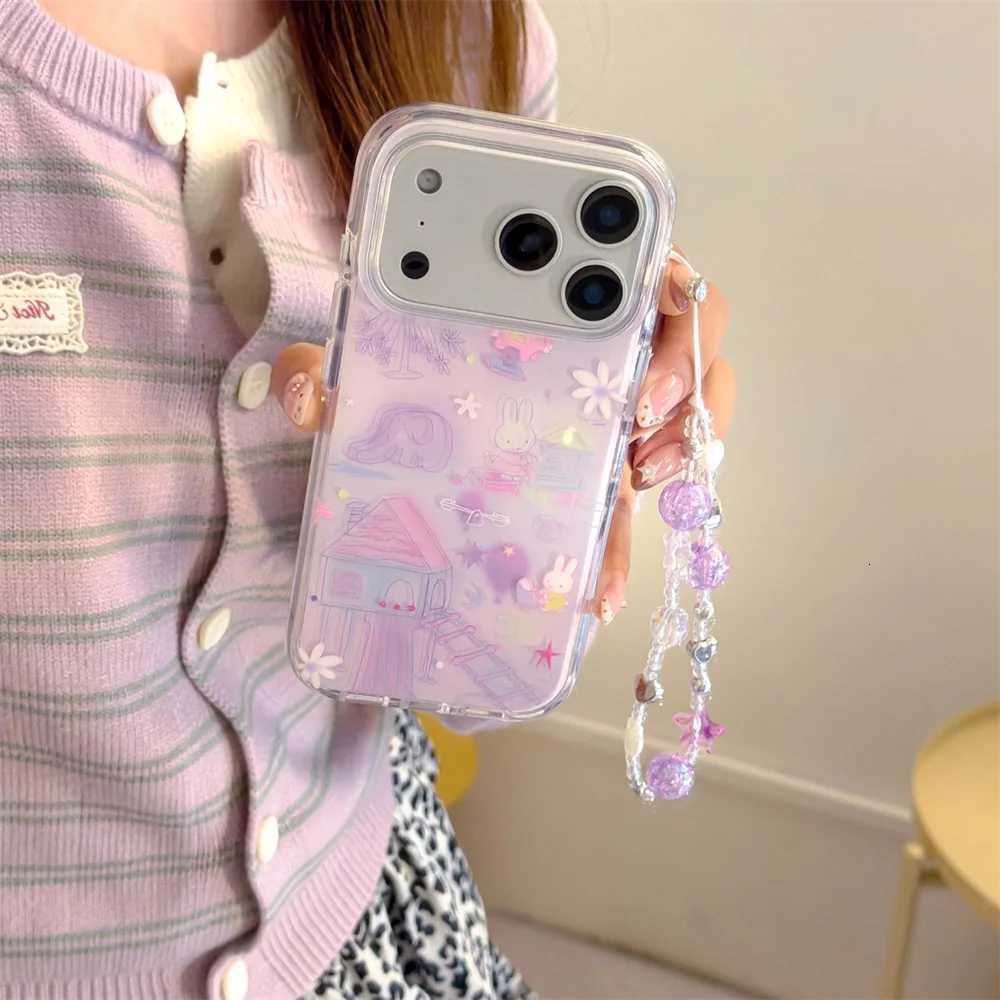 Cute Rabbit phone case With Chain For iPhone 17 16 Pro 13 14 15 Pro Max Korean INS fashion cartoon protective cover For 17 Pro C251209