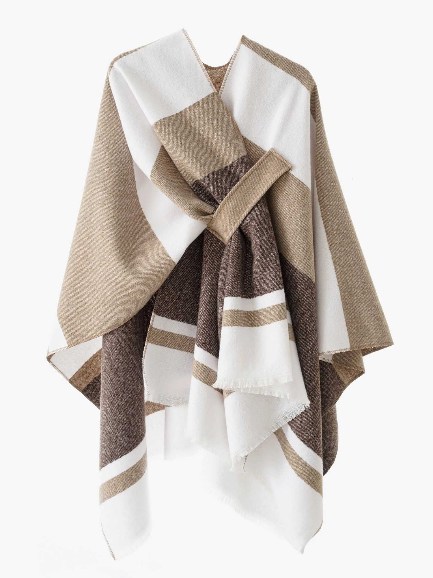Luxury Geometric Print Shawl - Soft Warm Stylish for Fall Winter Beige Brown White Asymmetrical Design Y251208