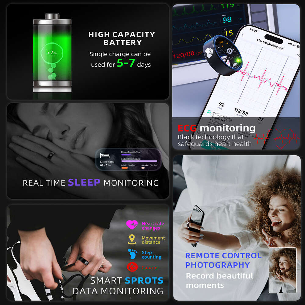 Famous Brand ECG Heart Rate Body Temperature Blood Oxygen Sleep HRV R Ring Smart Health Monitoring