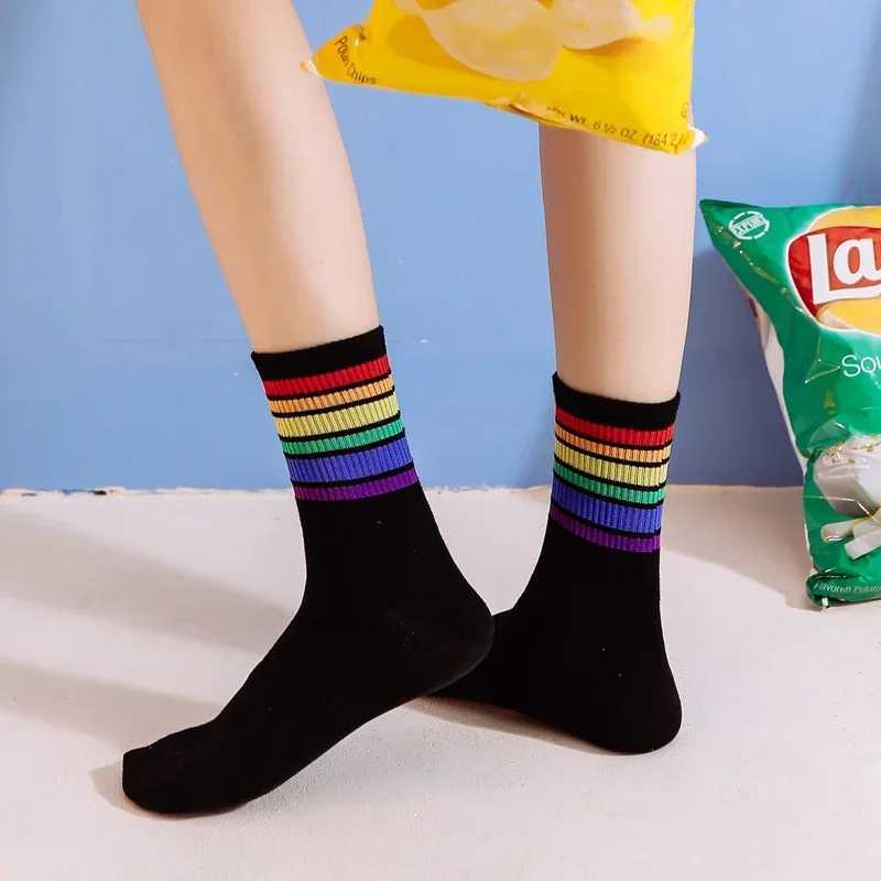 Unisex Stripes Mid Men Socks Women Girls Harajuku Colorful Funny Socks Men Cotton Rainbow ColorT251209