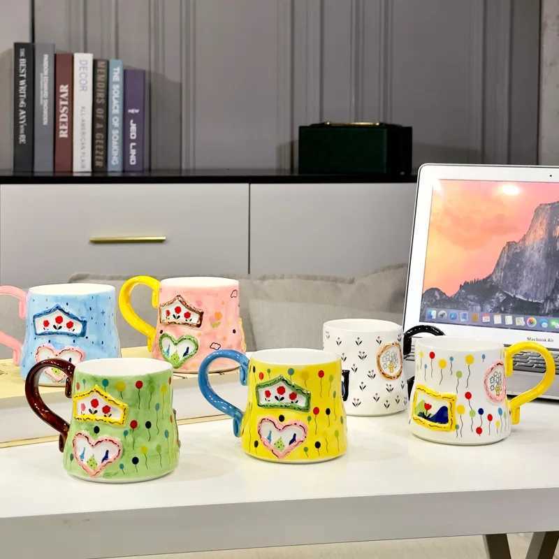 Decorative Ceramic Coffee g 10 oz Hand-Painted Cartoon Design with Handle Mtiple Pattern Styles Flower Milk Cups for Kids H251209
