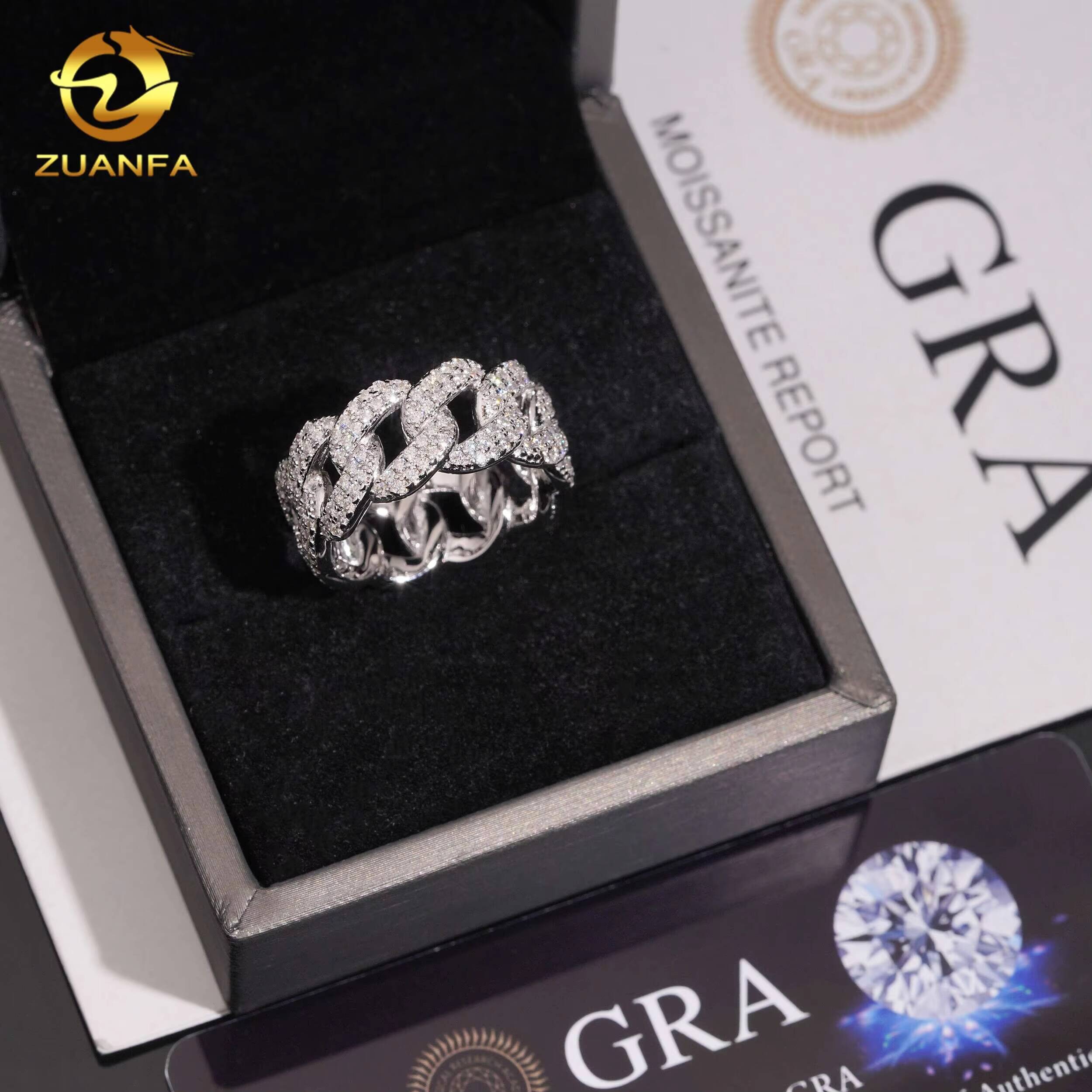Ready to Ship Hip Hop Jewelry Moissanite Iced Out Ring 925 Sterling Silver Men Diamond Ring GRA Certified Moon Shape Cuban Ring