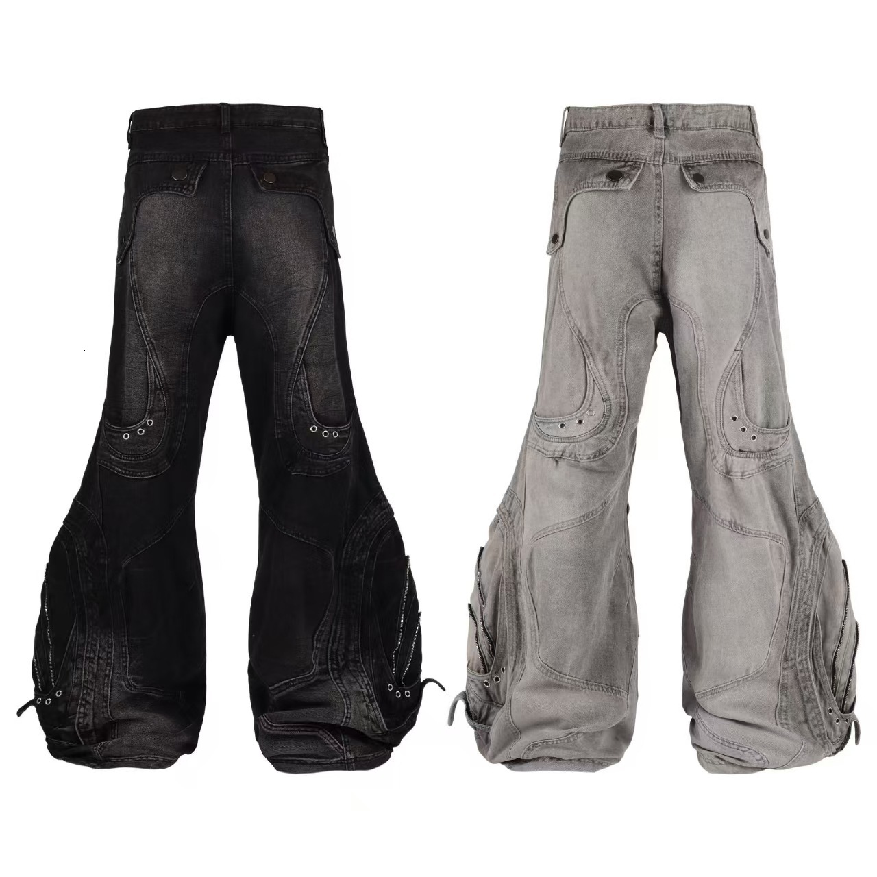 Designer jeans American High Street Design Irregular Cargo Pants for Women, Punk Style Heavy Stitching Scimitar Pants, Autumn 2025