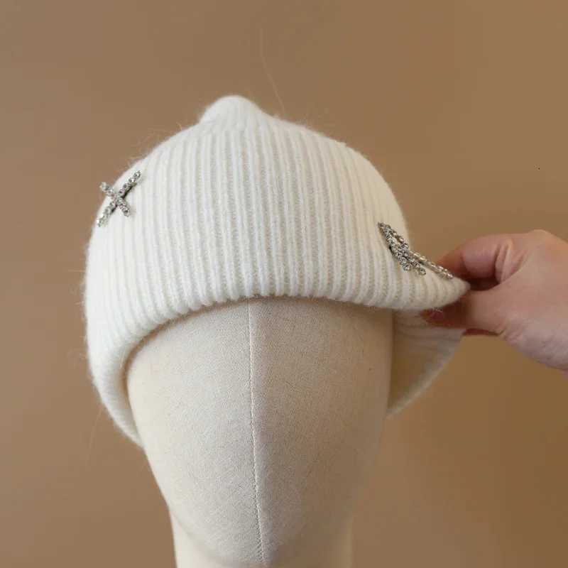 Luxury Winter Warm Rabbit Fur Knitted Hat Diamonds Letter Beanies Hats For Women Famous Brand Lady Casual Bonnet Skiing Cap Y251209
