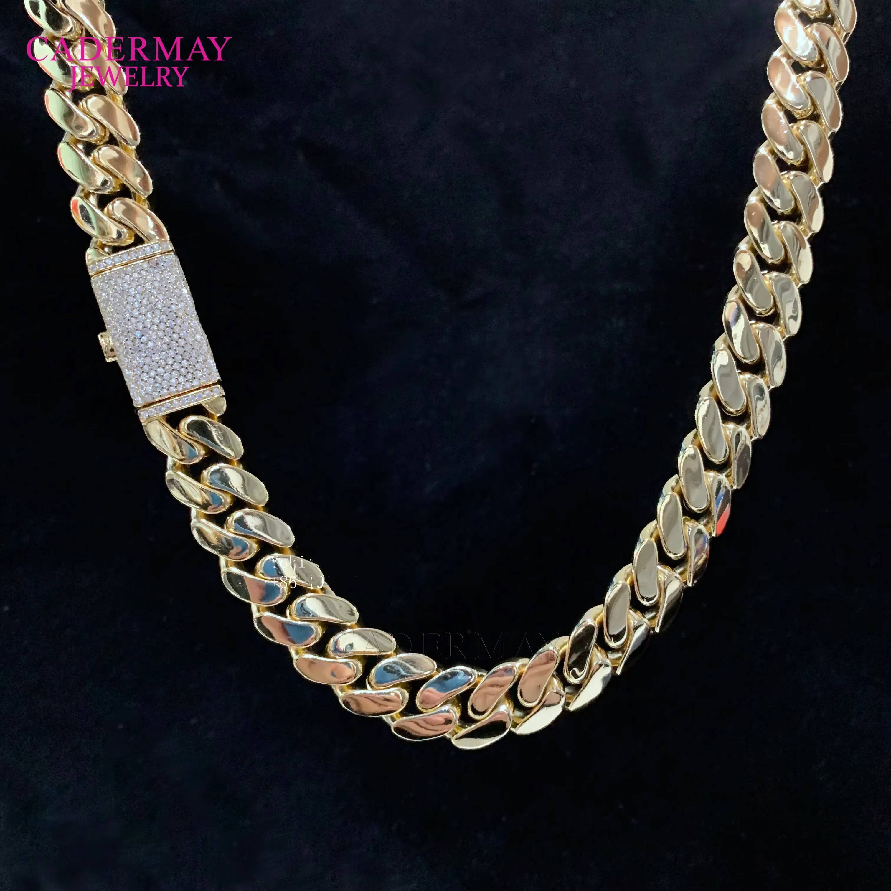 Cadermay Hiphop 14mm Miami With Long Moissanite Clasp Pass Diamond Tester Silver 14K Gold Plated Cuban Solid Link Chain Necklace