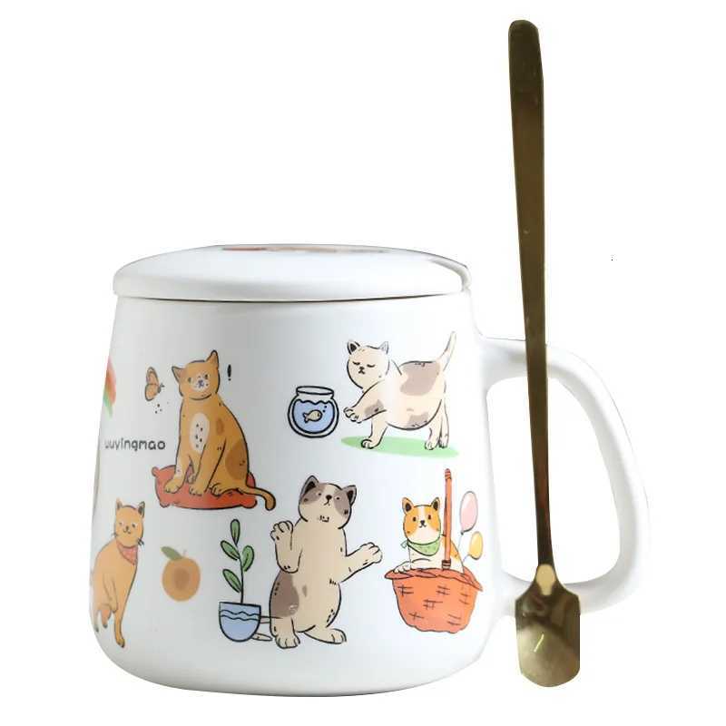 Cartoon Cat and Dog Cup Ceramic Drinkware g Coffee g Spoon with Lid Off Breakfast Milk Water gs Couple Desk Decoration H251209