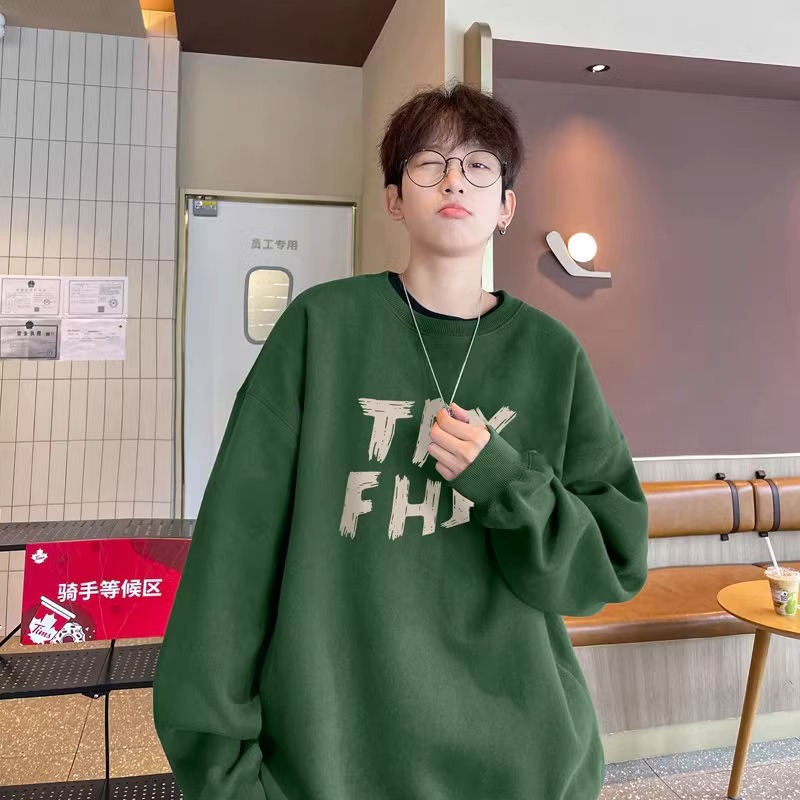 High-Quality Navy Heavyweight Fleece-Lined Cotton Crew Neck Sweatshirt for Boys: Autumn/Winter New Arrival, American Retro Style, Teenager-Friendly