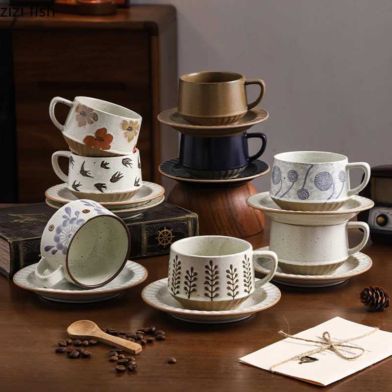 Retro Coarse Pottery g Dish Set Latte Coffee Cup Milk Cup Creative Floral Pattern Brage Cup Couple Cups Water Cups Teacup H251209