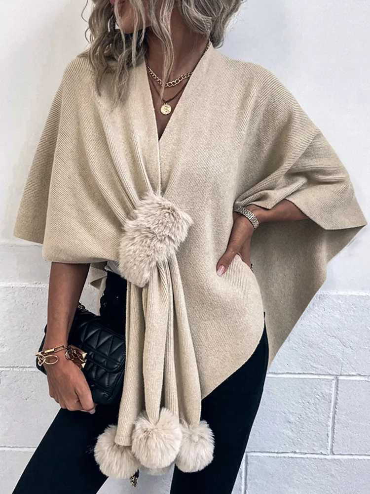 Luxury New 2024 Womens Hairball Patchwork Solid Color Shawl Cardigan Autumn Winter Poncho Batwing Sleeve Sweater Cape Coats Y251208