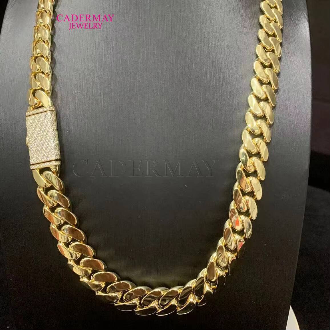 Cadermay Hiphop 14mm Miami With Long Moissanite Clasp Pass Diamond Tester Silver 14K Gold Plated Cuban Solid Link Chain Necklace