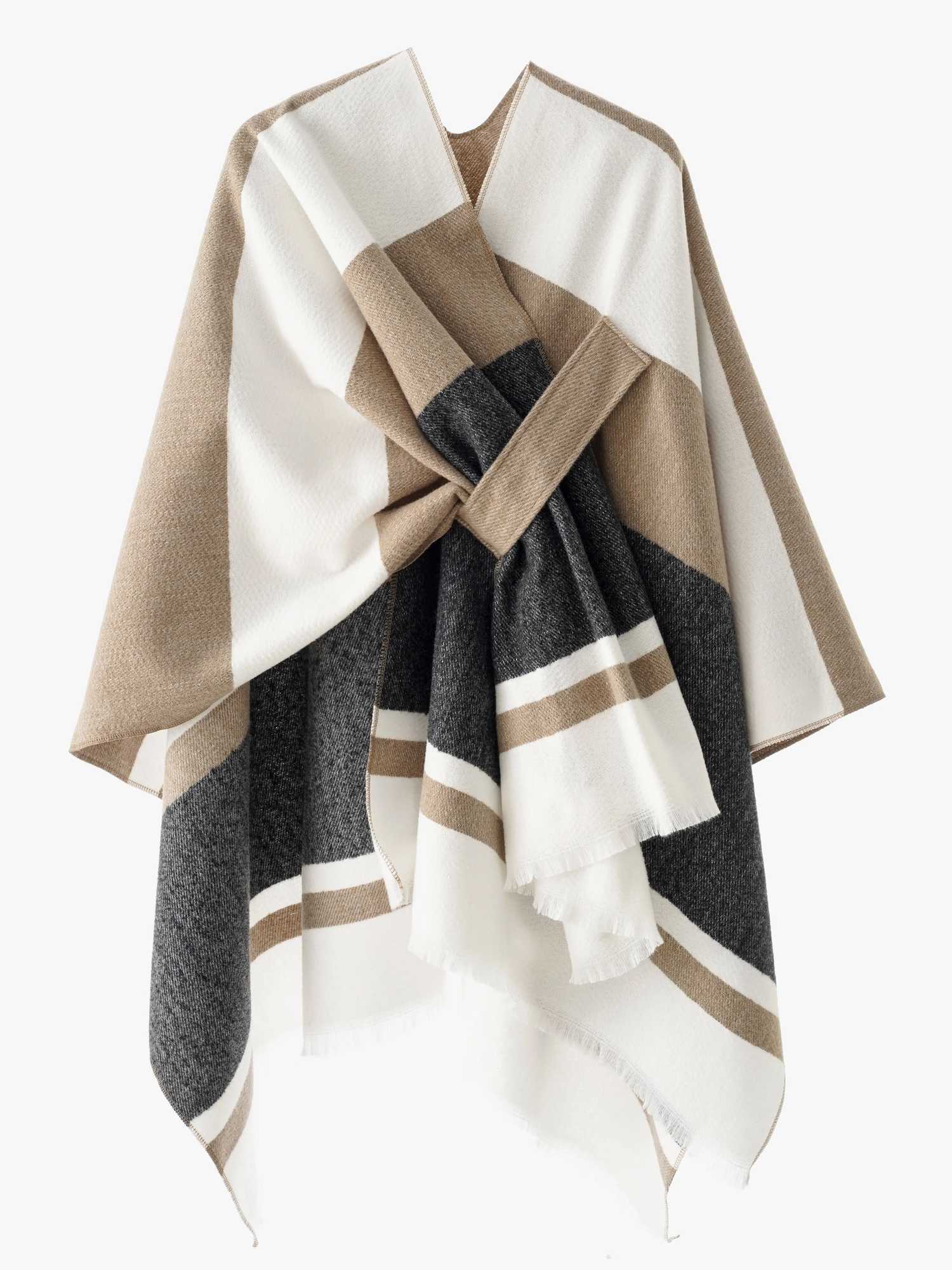 Luxury Geometric Print Shawl - Soft Warm Stylish for Fall Winter Beige Brown White Asymmetrical Design Y251208