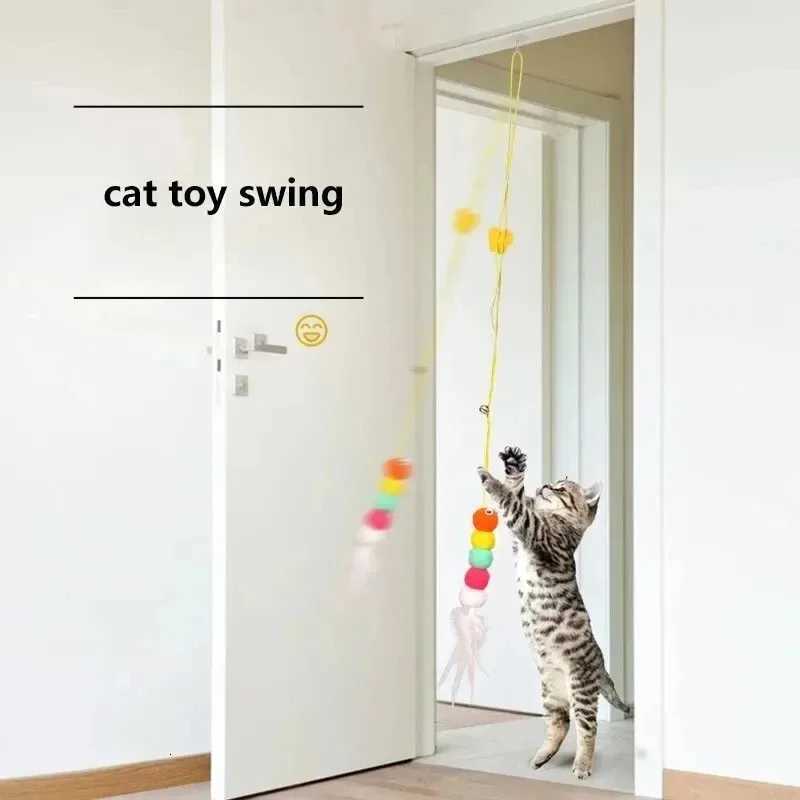 Telescopic Rainbow Hanging Cat Toy with Bell Auto Swing Feather Teaser for Self Playing Kittens Indoor Exercise Durable Bite Pro M251209