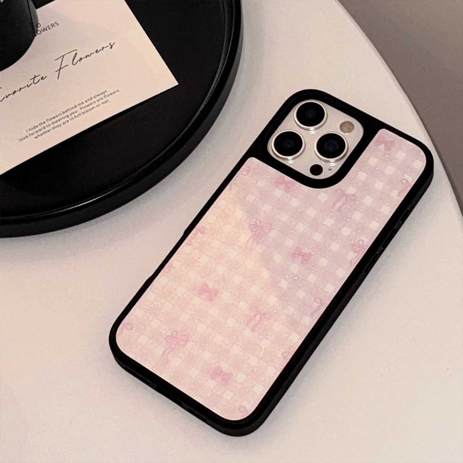 Korean Black Edge Bowknot Grid Pattern Glitter Phone Case For iPhone 17 16 15 14 12 13 12 Pro Max 11 Shockproof Hard Cover C251209