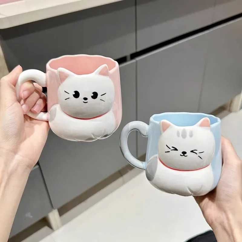 Cartoon 3D Embossed Ceramic Cup Cute Cat Coffee Milk Tea Breakfast Handle Cup Tableware Novelty Gift He 500ml g H251209