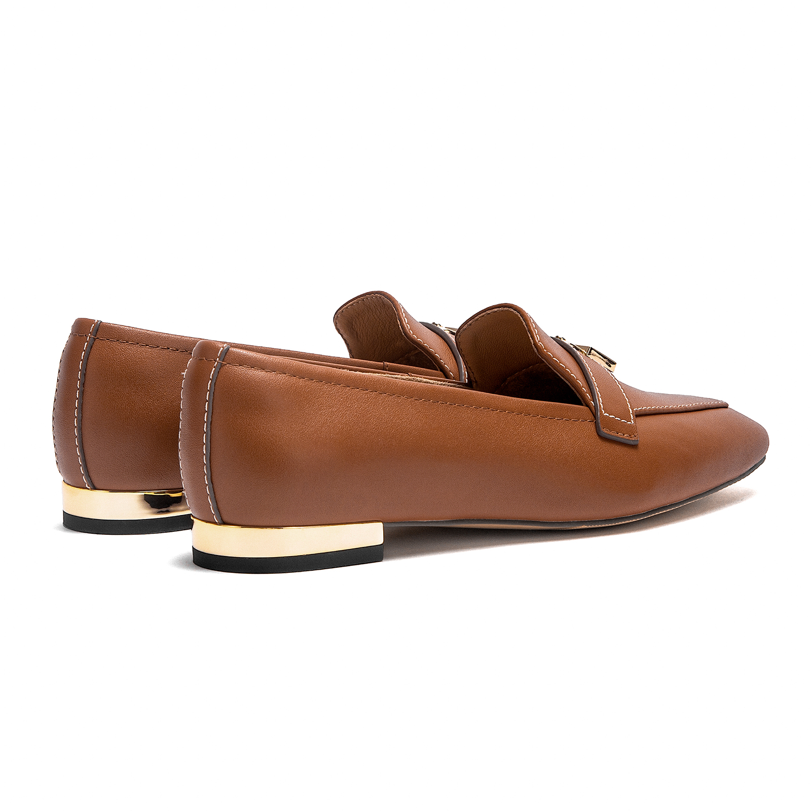 CHCH Women's Brown Leather Loafers with Gold Lock Detail Square Toe Low Heel Penny Casual Office Slip-On Dress Shoes for Girls