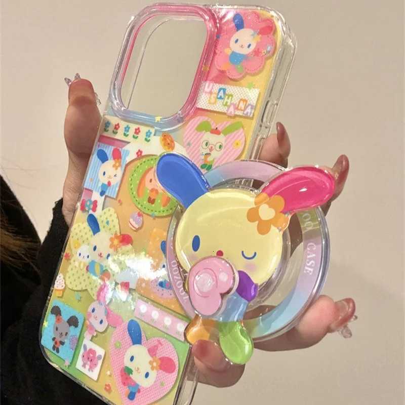 Magnetic color splicing color ear rabbit phone case with rotating magnetic bracket for iPhone 11 12 13 14 15 16 17 pro max C251209