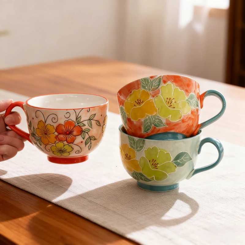 Embossed e hand-painted ceramic cup beautif large capacity breakfast cup high value flower tea cup milk oatmeal cup H251209