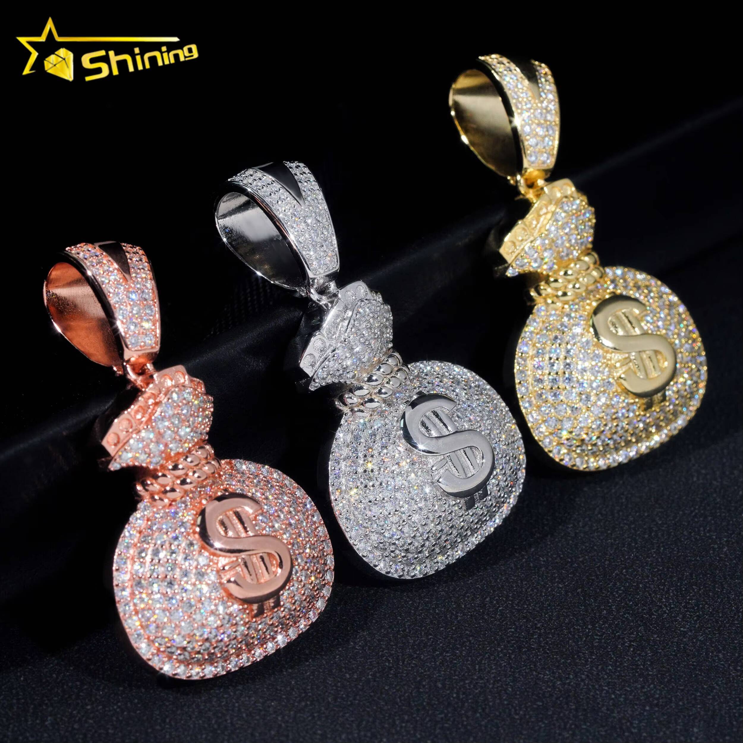 RTS Pass Diamond Tester Fine Jewelry 925 Silver Gold Plated Diamond Iced Out Hip Hop Custom Money Bag Moissanite Pendant